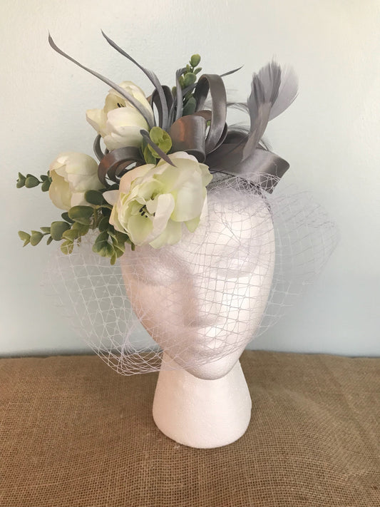 Kentucky Derby Fascinator, gray, green, white, headpiece, derby hat Kentucky Derby Hat Alternative, Floral Fascinator, (GOLD LINE)