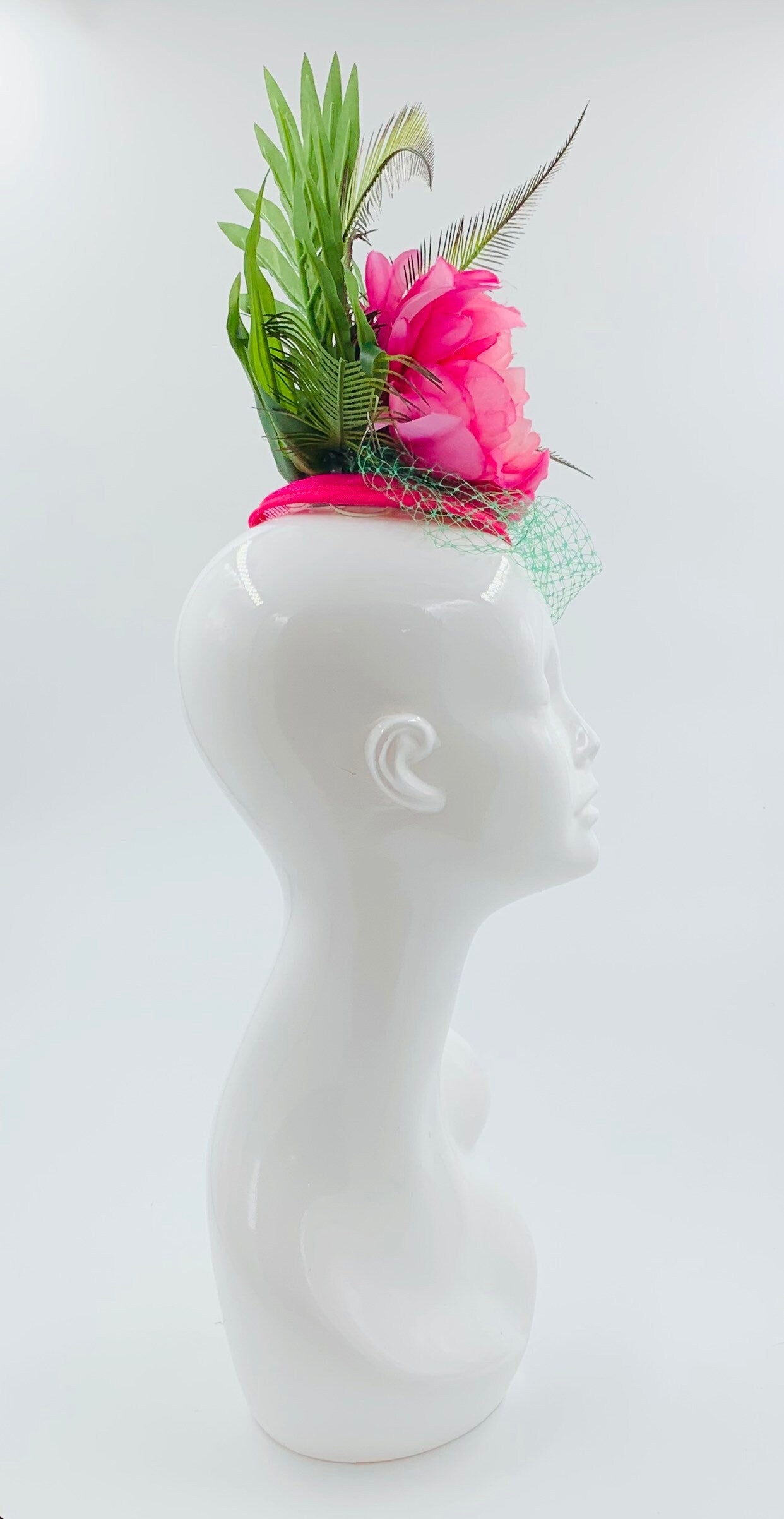 Derby Fascinator, Chic Kentucky Derby Hat Alternative, Pink and Green palm leaves, tropical hat (GOLD LINE)