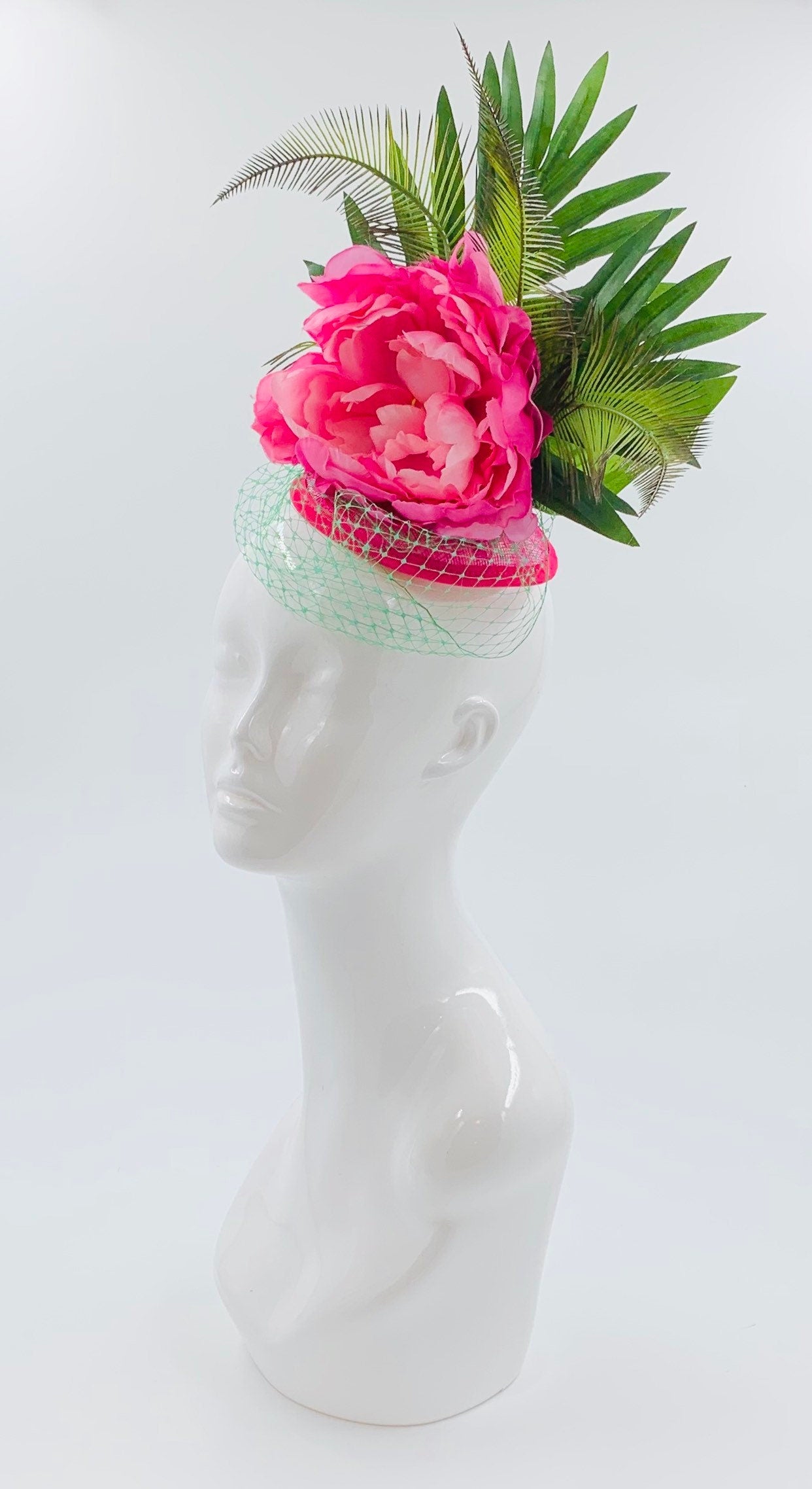 Derby Fascinator, Chic Kentucky Derby Hat Alternative, Pink and Green palm leaves, tropical hat (GOLD LINE)