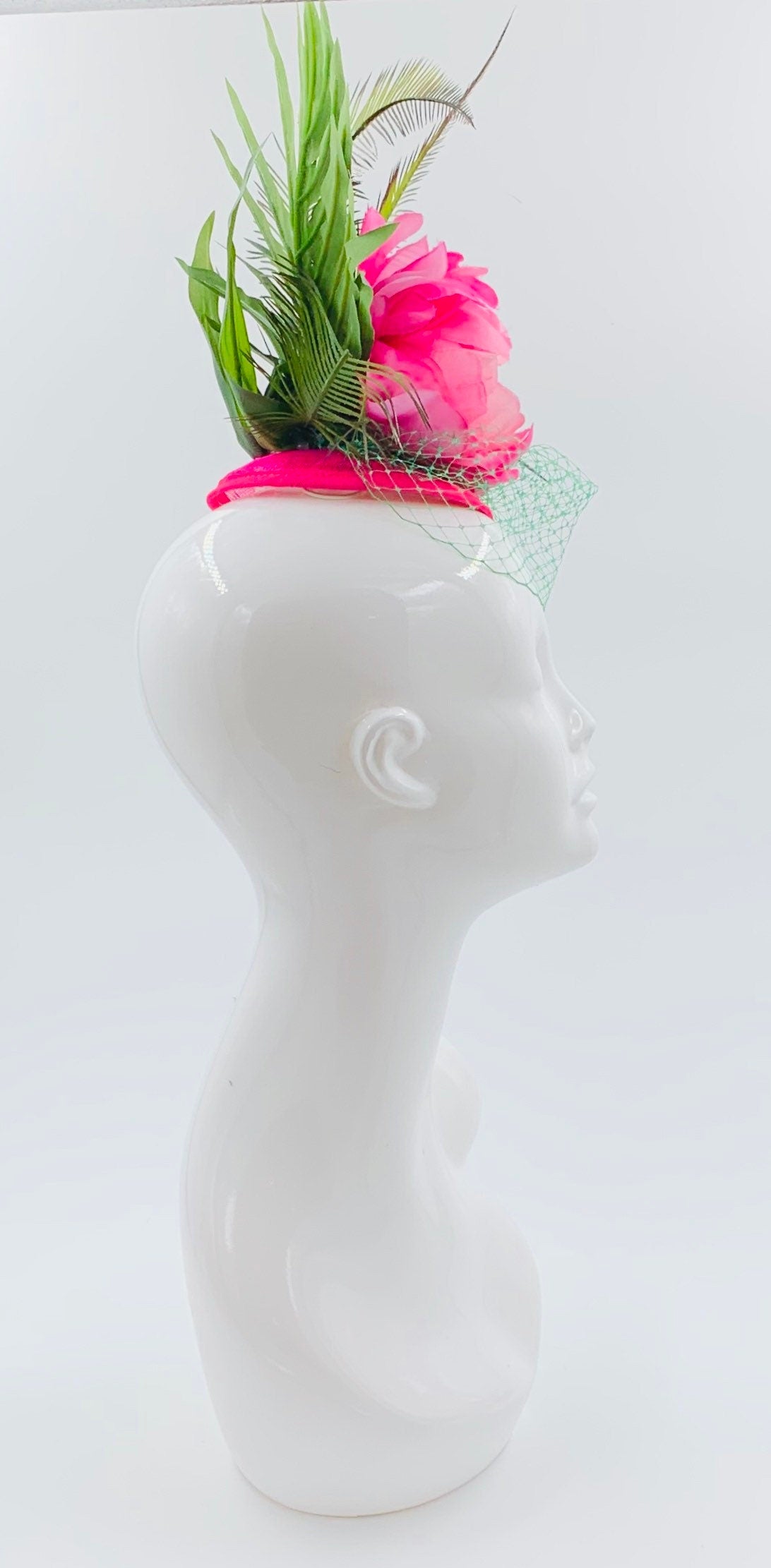 Derby Fascinator, Chic Kentucky Derby Hat Alternative, Pink and Green palm leaves, tropical hat (GOLD LINE)