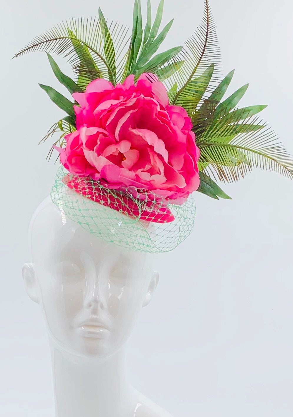 Derby Fascinator, Chic Kentucky Derby Hat Alternative, Pink and Green palm leaves, tropical hat (GOLD LINE)