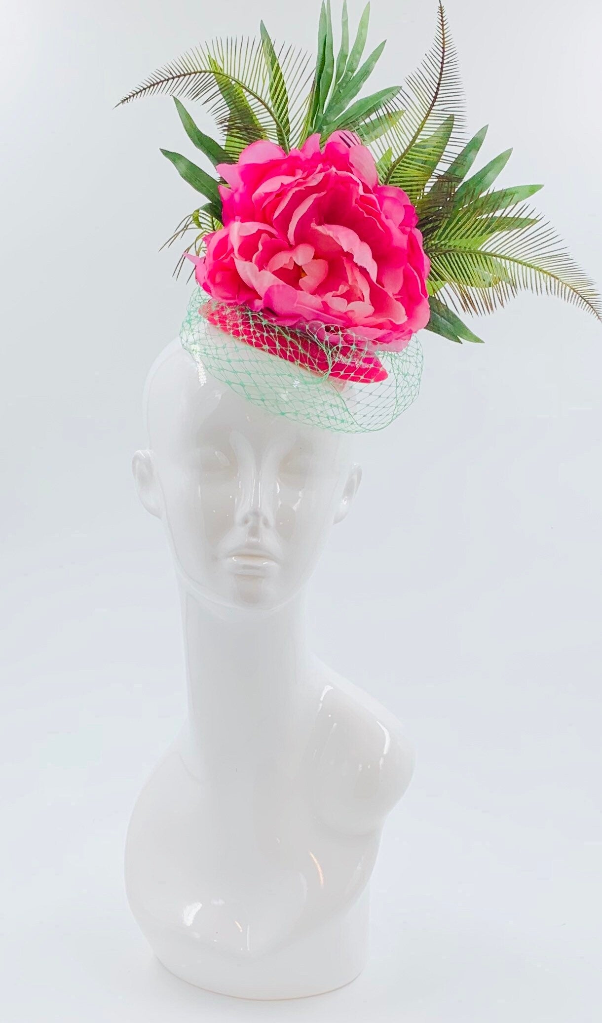 Derby Fascinator, Chic Kentucky Derby Hat Alternative, Pink and Green palm leaves, tropical hat (GOLD LINE)