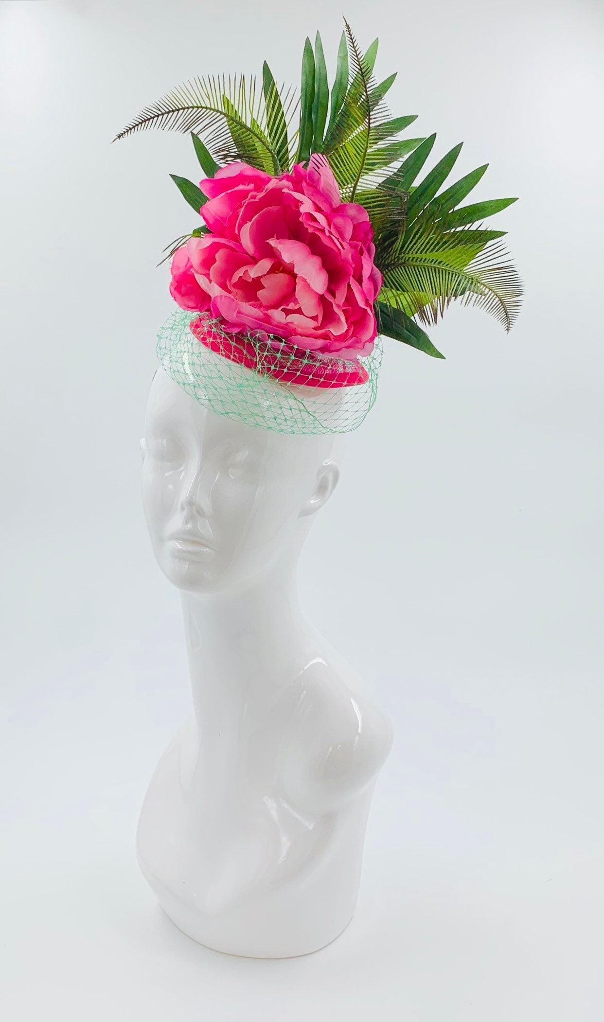 Derby Fascinator, Chic Kentucky Derby Hat Alternative, Pink and Green palm leaves, tropical hat (GOLD LINE)