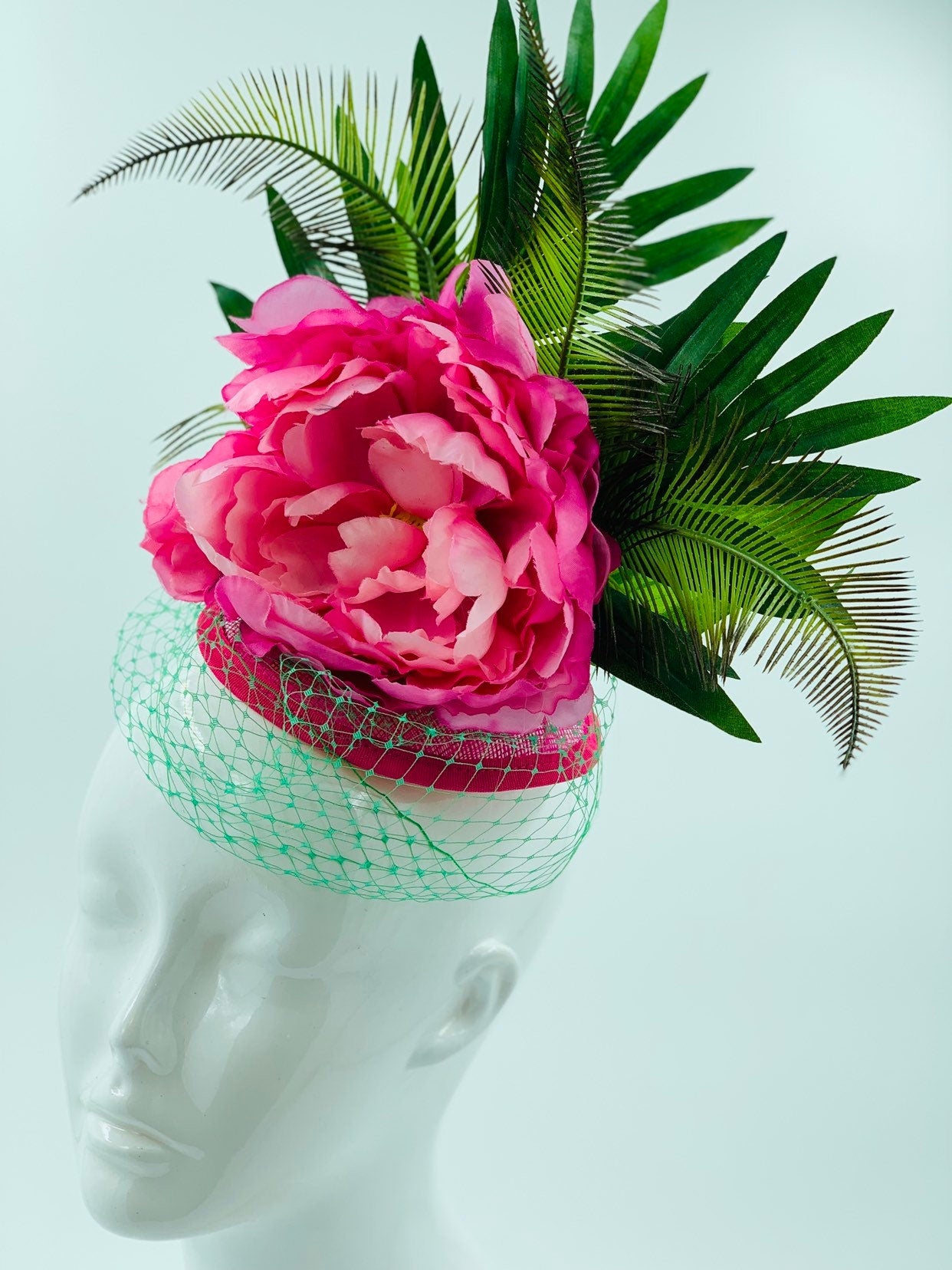 Derby Fascinator, Chic Kentucky Derby Hat Alternative, Pink and Green palm leaves, tropical hat (GOLD LINE)