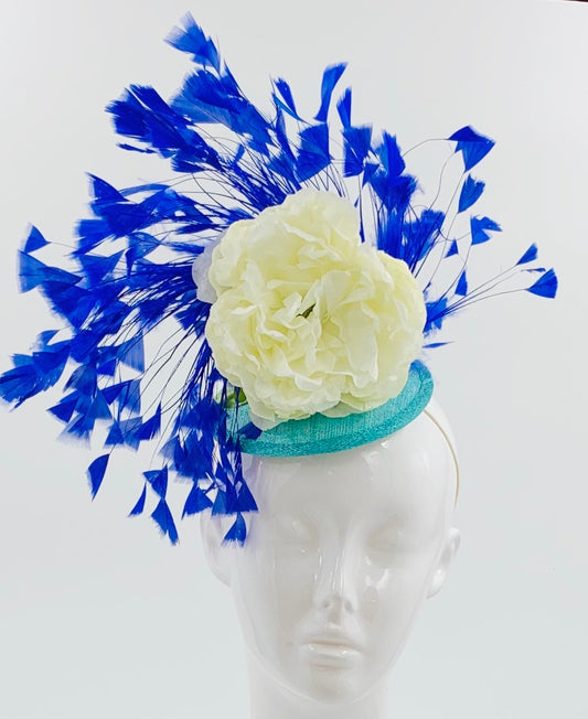 Derby Fascinator, Chic Kentucky Derby Hat Alternative, turquoise and blue fascinator, derby hat (GOLD LINE)