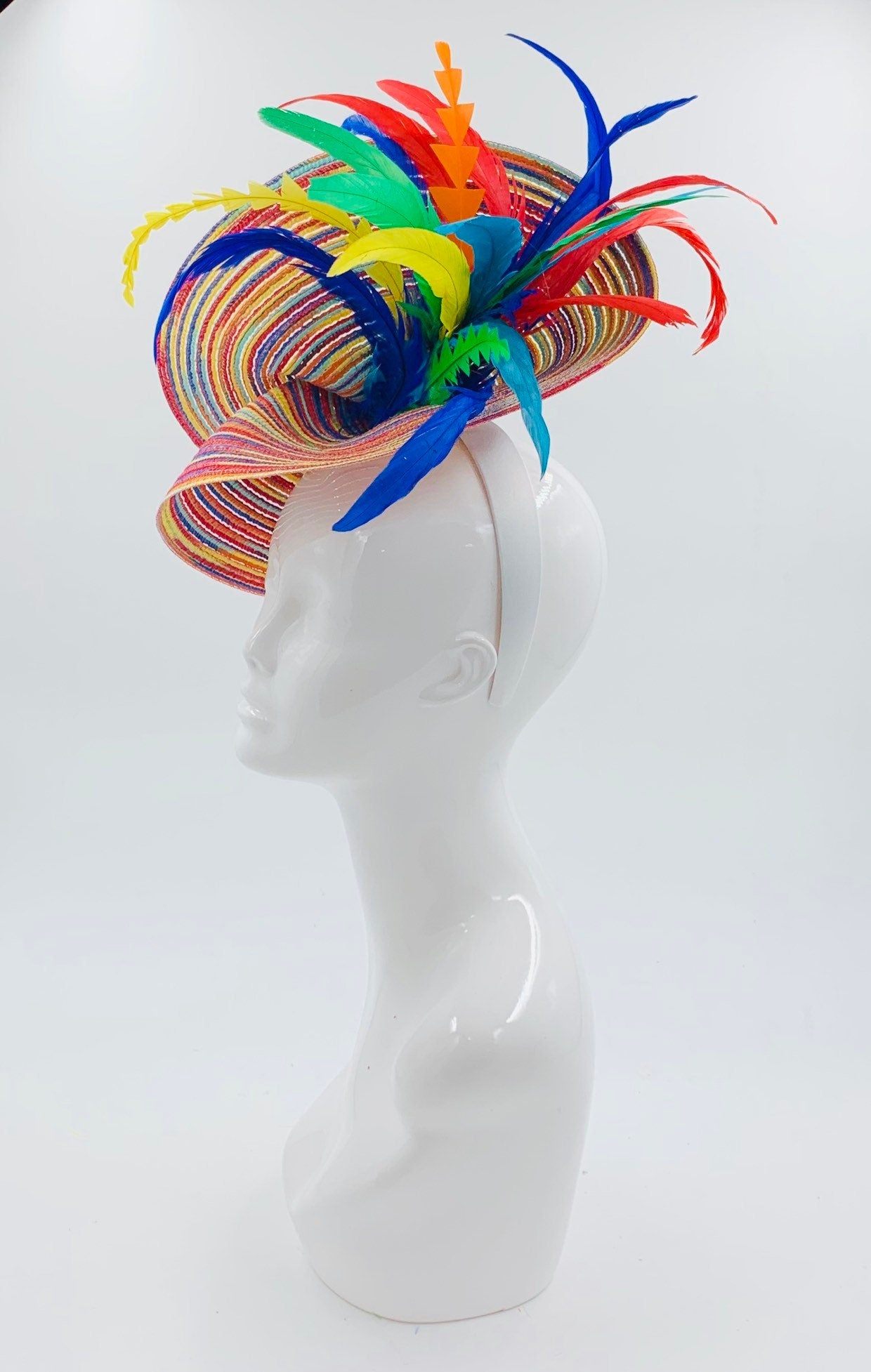 Derby Fascinator, Chic Kentucky Derby Hat Alternative, rainbow of colors fascinator (GOLD LINE)