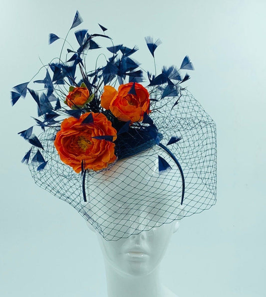 Kentucky Derby Fascinator, navy, orange, oaks, thurby, headpiece, derby hat Kentucky Derby Hat Alternative, Floral Fascinator, (GOLD LINE)