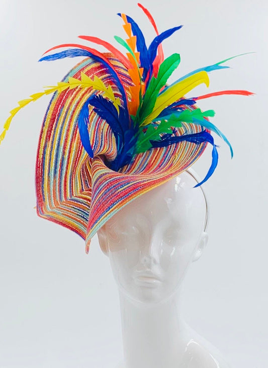 Derby Fascinator, Chic Kentucky Derby Hat Alternative, rainbow of colors fascinator (GOLD LINE)