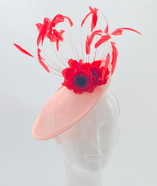 Kentucky derby hat, fascinator, floral headpiece, derby hat, pink and red fascinator (SILVER LINE)