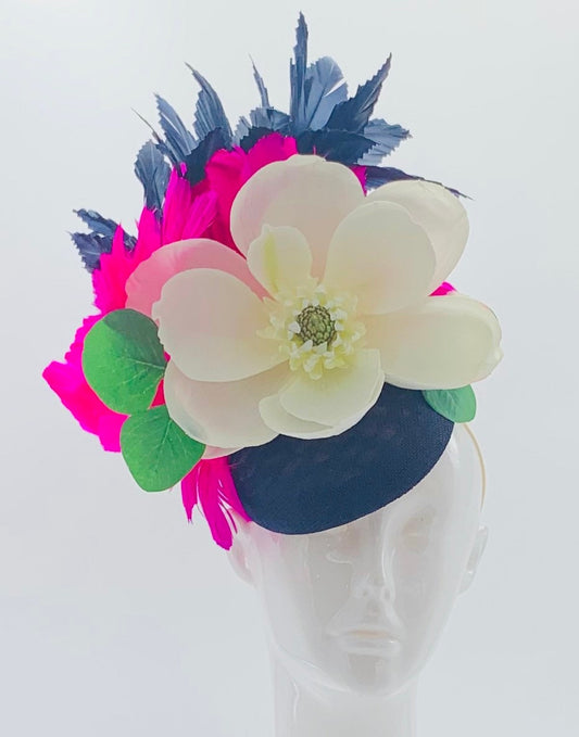 Kentucky Derby Fascinator, derby fashion, Kentucky Derby Hat Alternative, magnolia and navy Floral Fascinator (GOLD LINE)