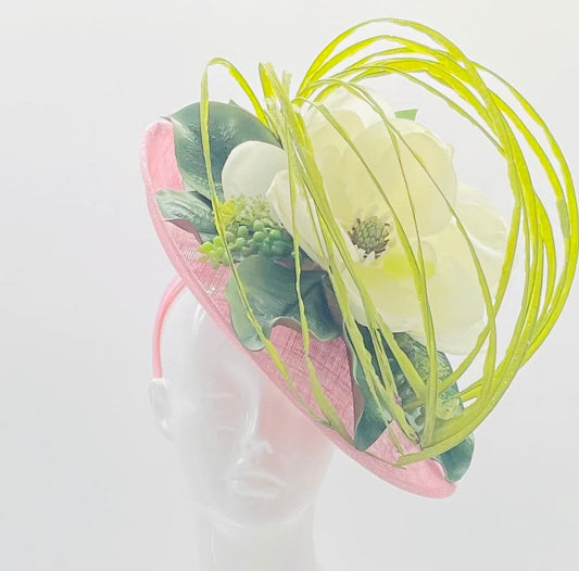 Derby Fascinator, Chic Kentucky Derby Hat Alternative, Pink and Green Derby Hat, Magnolia Leaf Derby Hat (PLATINUM LINE)