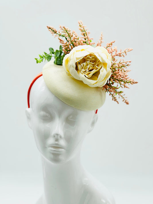 Ivory and peach Kentucky Derby Floral Feather Fascinator, Derby Hat Alternative   (SILVER LINE)