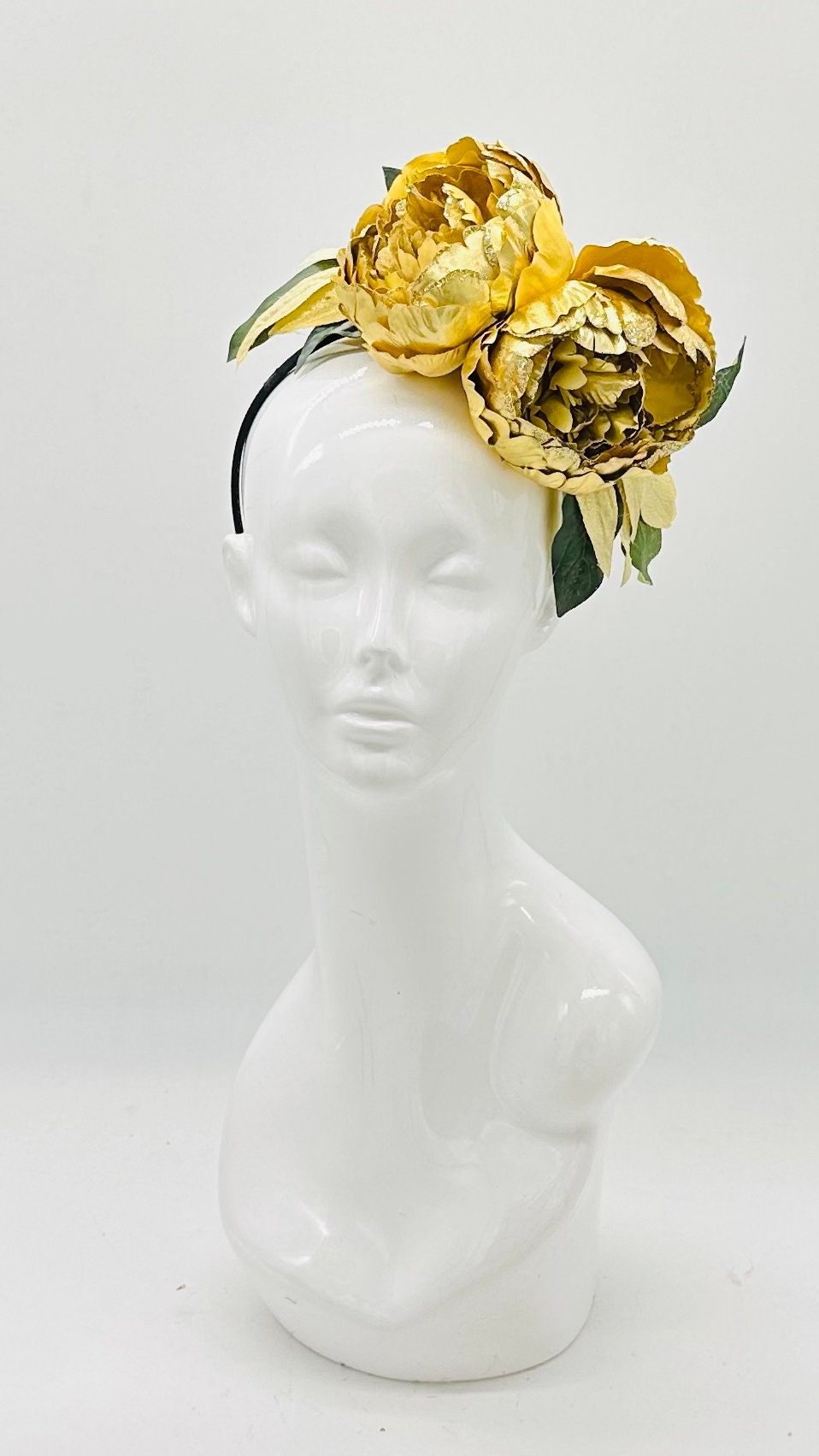 All gold peony Kentucky Derby Floral Feather Fascinator, Derby Hat Alternative (SILVER LINE)