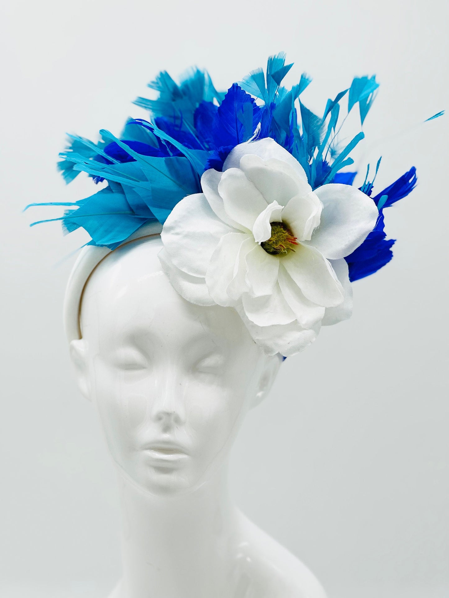 Blue, turquoise and white magnolia Kentucky Derby Floral Feather Fascinator, Derby Hat Alternative (GOLD LINE)