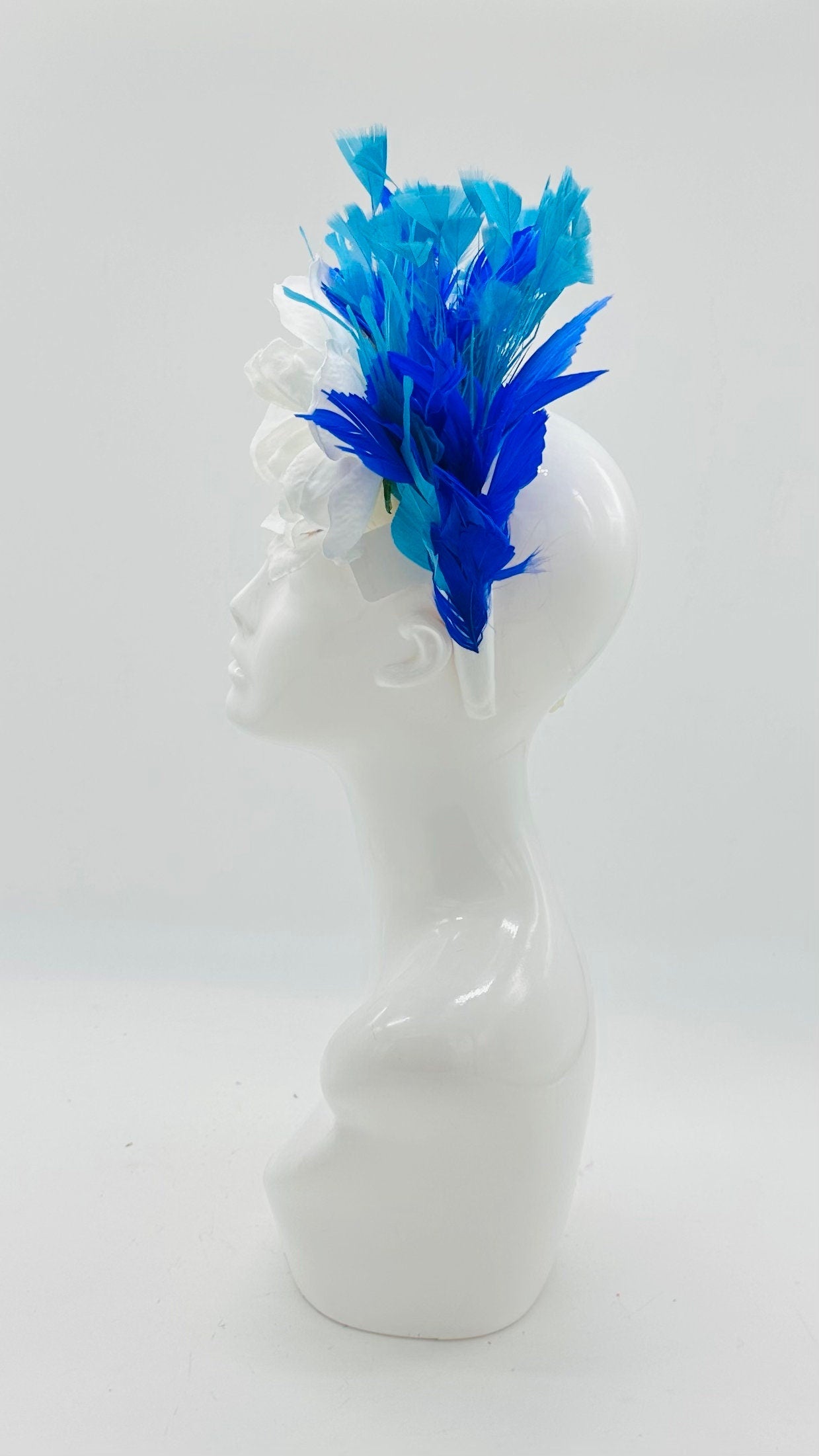 Blue, turquoise and white magnolia Kentucky Derby Floral Feather Fascinator, Derby Hat Alternative (GOLD LINE)