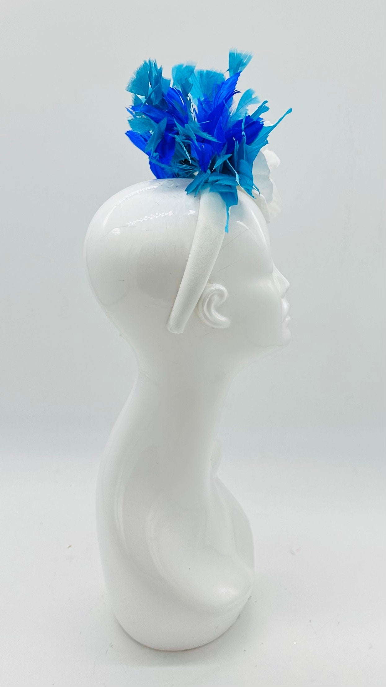 Blue, turquoise and white magnolia Kentucky Derby Floral Feather Fascinator, Derby Hat Alternative (GOLD LINE)