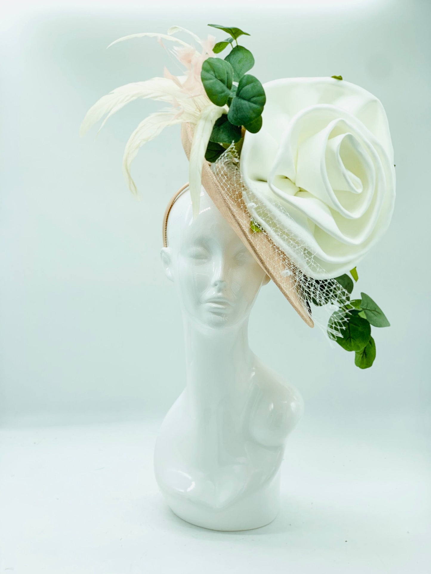 Giant magnolia, eucalyptus and dusty pink Kentucky Derby Floral Feather Fascinator, Derby Hat Alternative, (PLATINUM LINE)