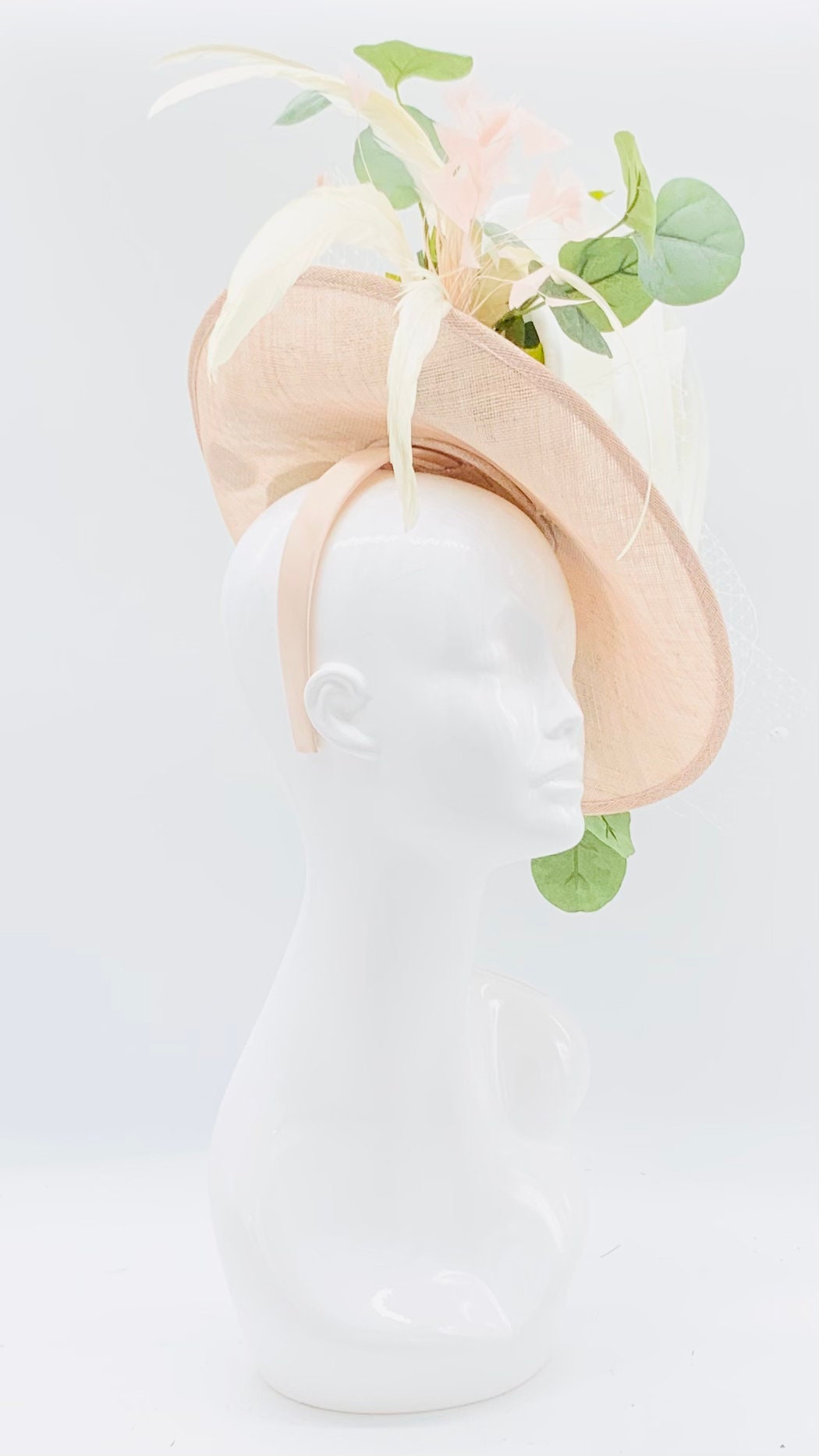 Giant magnolia, eucalyptus and dusty pink Kentucky Derby Floral Feather Fascinator, Derby Hat Alternative, (PLATINUM LINE)