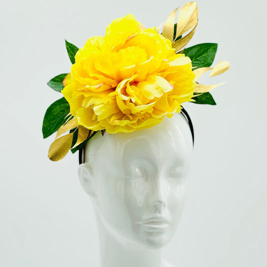 Bright yellow, gold and green Kentucky Derby Floral Feather Fascinator, Derby Hat Alternative, (GOLD LINE)