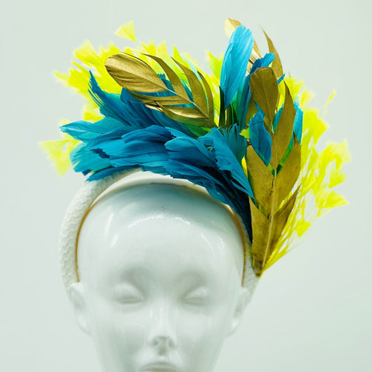 Turquoise, yellow and gold Kentucky Derby Floral Feather Fascinator, Derby Hat Alternative (SILVER LINE)