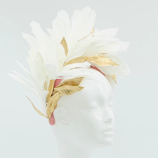 White, gold and mauve pink Kentucky Derby Floral Feather Fascinator, Derby Hat Alternative (SIVLER LINE)