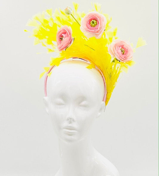 Yellow and light pink Kentucky Derby Fascinator, derby hat Kentucky Derby Hat Alternative, Floral Fascinator, (SILVER LINE)