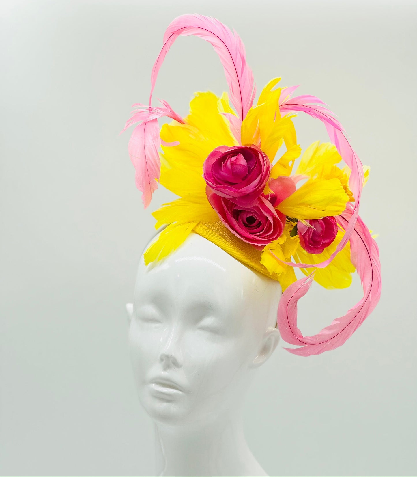 Yellow and pink Kentucky Derby Fascinator, Oaks, Thurby, headpiece, derby hat Kentucky Derby Hat Alternative, Floral Fascinator (GOLD LINE)