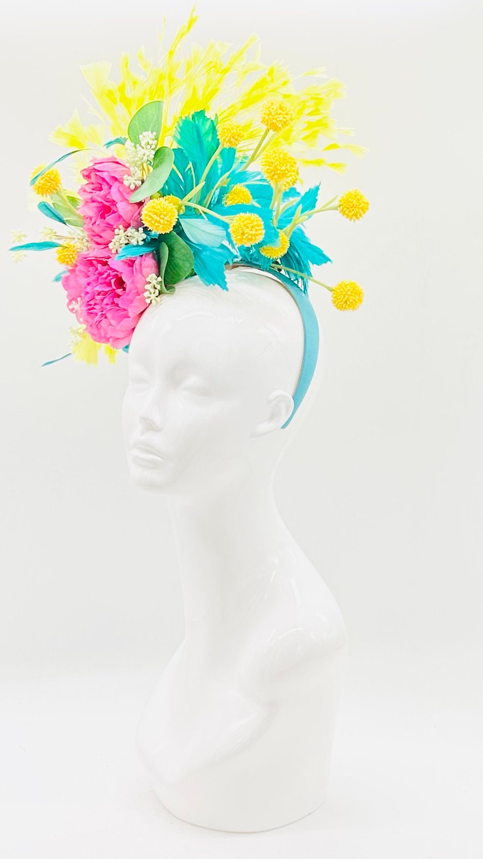 Yellow, teal and fuchsia Kentucky Derby Fascinator, Kentucky Derby Hat Alternative, Floral Fascinator (PLATINUM LINE)