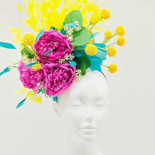 Yellow, teal and fuchsia Kentucky Derby Fascinator, Kentucky Derby Hat Alternative, Floral Fascinator (PLATINUM LINE)