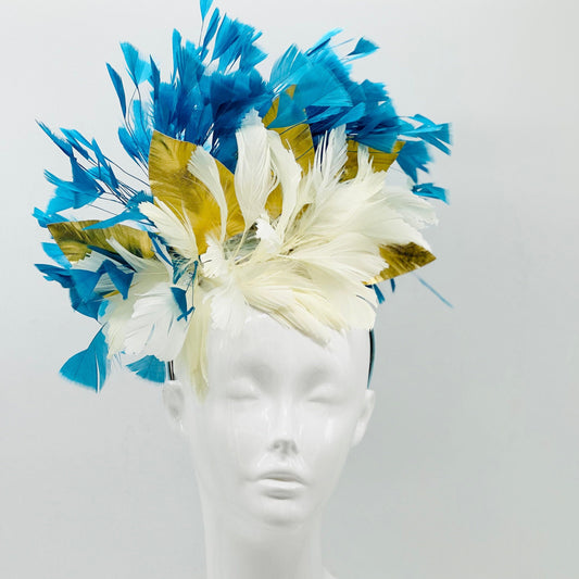 Blue, white and gold Kentucky Derby Fascinator, headpiece, derby hat Kentucky Derby Hat Alternative, Floral Fascinator (GOLD LINE)