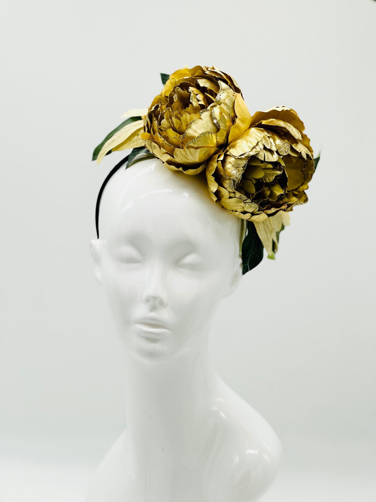 All gold peony Kentucky Derby Floral Feather Fascinator, Derby Hat Alternative (SILVER LINE)