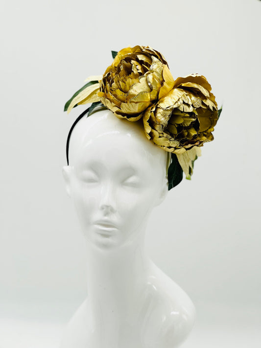 All gold peony Kentucky Derby Floral Feather Fascinator, Derby Hat Alternative (SILVER LINE)