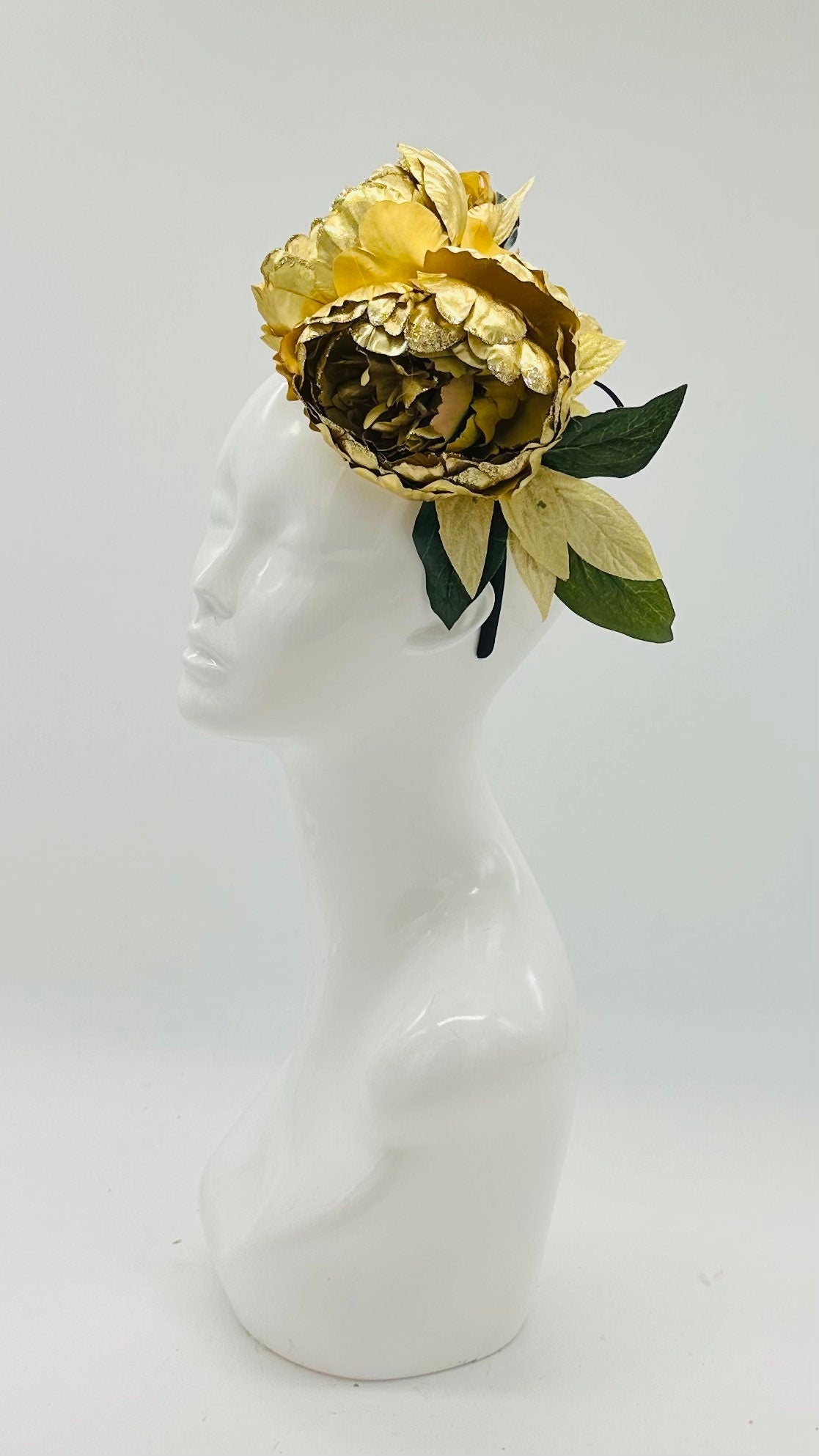 All gold peony Kentucky Derby Floral Feather Fascinator, Derby Hat Alternative (SILVER LINE)