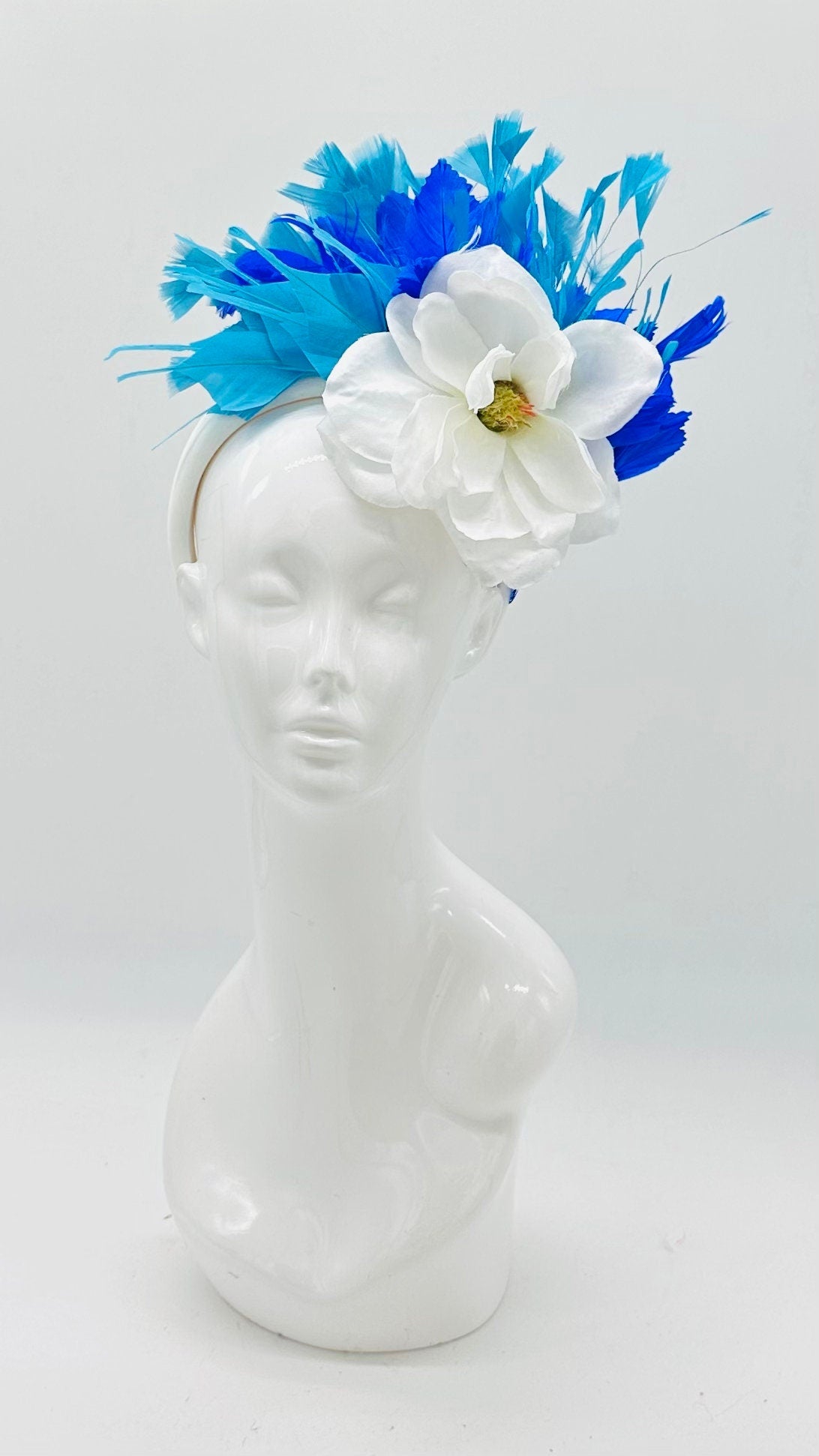 Blue, turquoise and white magnolia Kentucky Derby Floral Feather Fascinator, Derby Hat Alternative (GOLD LINE)