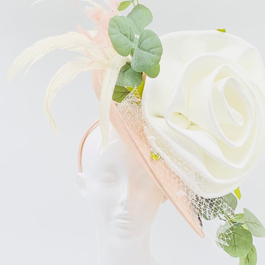 Giant magnolia, eucalyptus and dusty pink Kentucky Derby Floral Feather Fascinator, Derby Hat Alternative, (PLATINUM LINE)