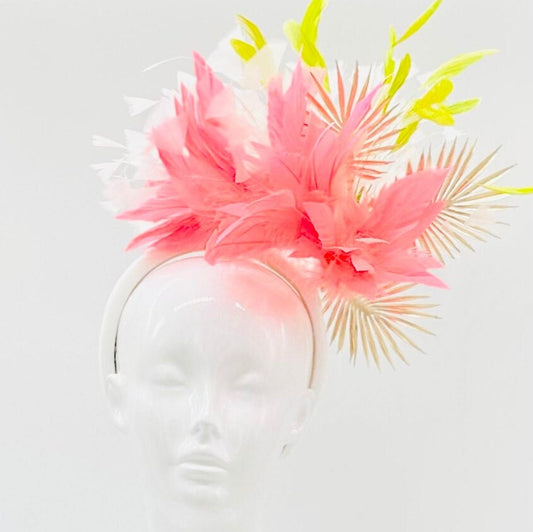 Coral and lime green, white Kentucky Derby Fascinator, headpiece, derby hat Kentucky Derby Hat Alternative, Floral Fascinator (GOLD LINE)