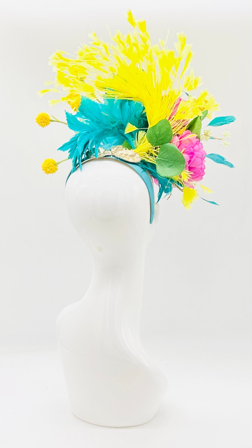 Yellow, teal and fuchsia Kentucky Derby Fascinator, Kentucky Derby Hat Alternative, Floral Fascinator (PLATINUM LINE)