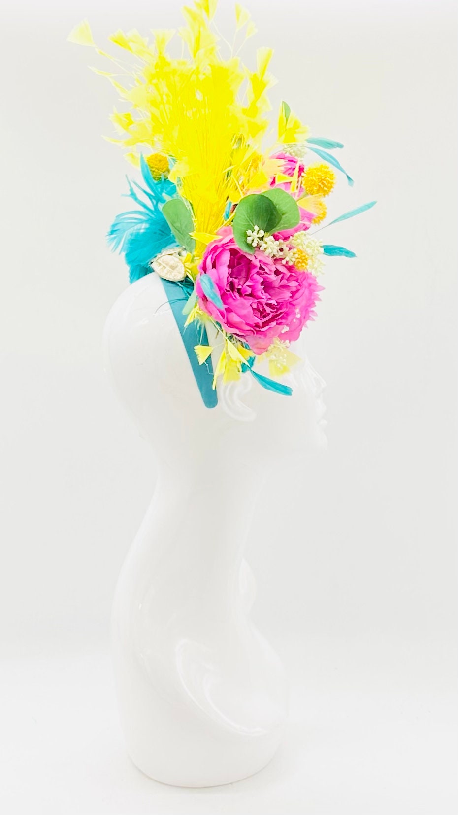 Yellow, teal and fuchsia Kentucky Derby Fascinator, Kentucky Derby Hat Alternative, Floral Fascinator (PLATINUM LINE)