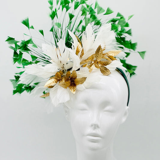 Green white and gold Kentucky Derby Fascinator, derby hat Kentucky Derby Hat Alternative, Floral Fascinator, (GOLD LINE)