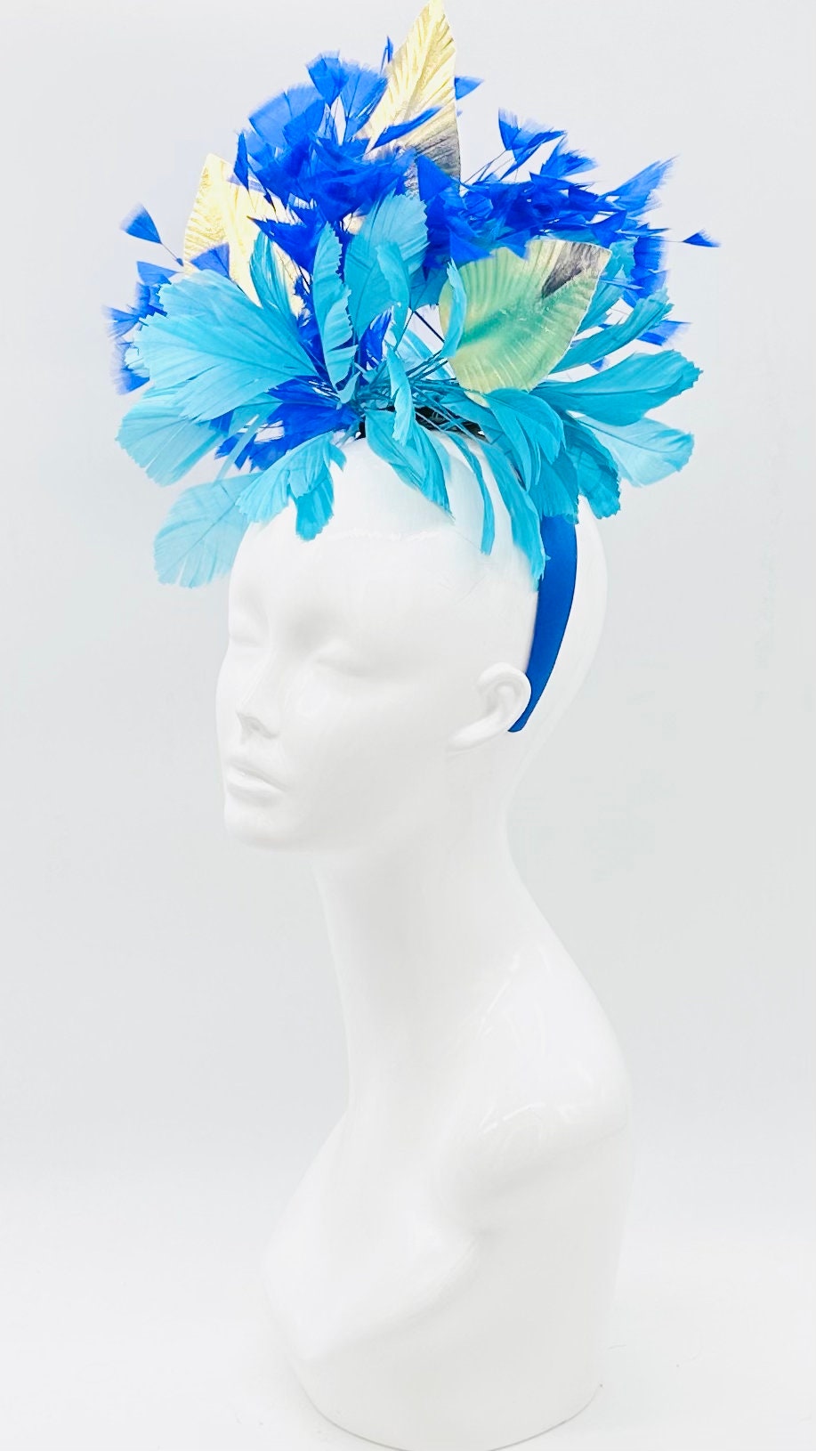 Turquoise, white and gold Kentucky Derby Fascinator, Oaks, Thurby, headpiece, derby hat Kentucky Derby Hat, Fascinator (GOLD LINE)