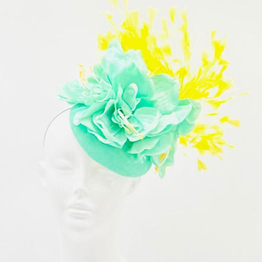 Turquoise and yellow Derby Fascinator, Kentucky Derby Hat Alternative, Kentucky derby hat (GOLD LINE)