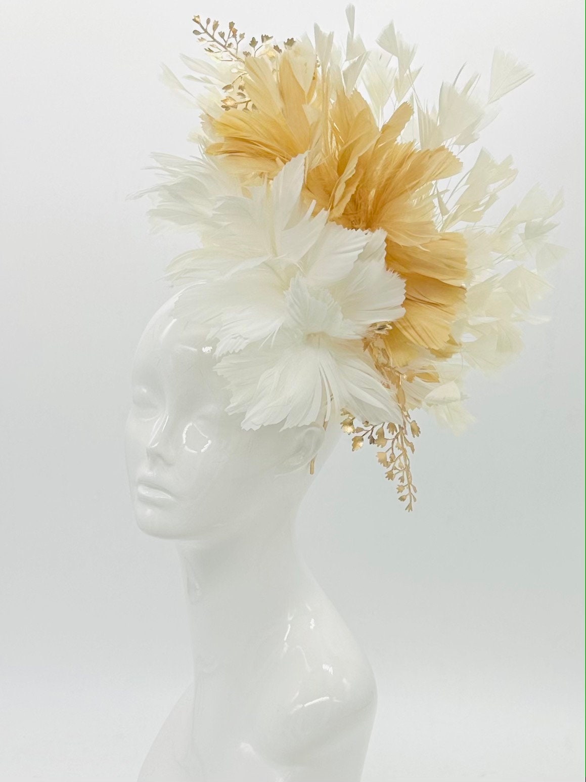 White, beige and gold Kentucky Derby Fascinator, neutral derby hat, (GOLD LINE)