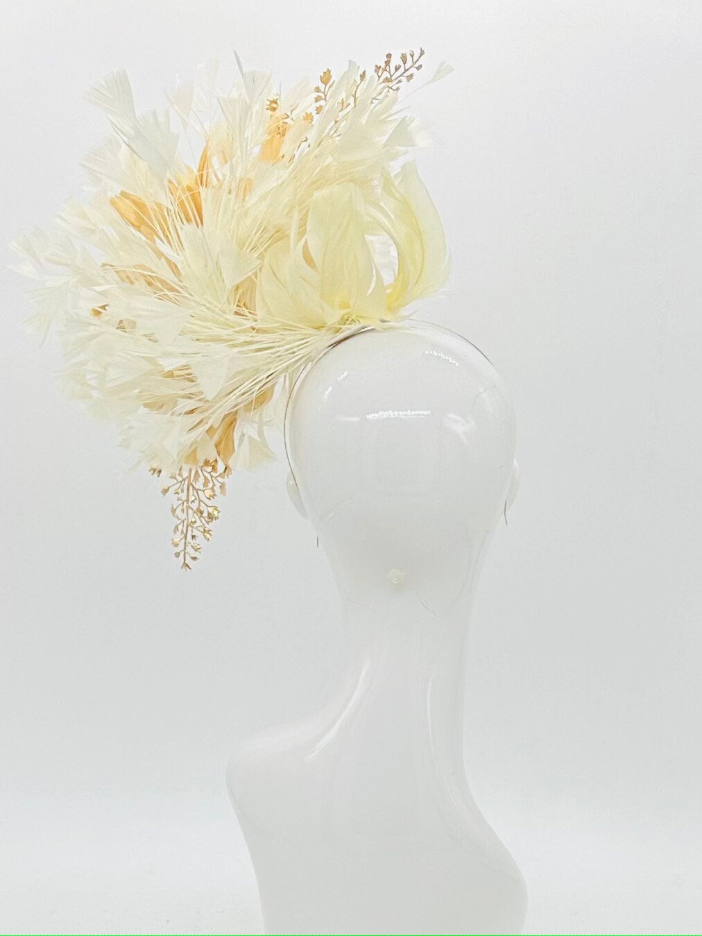 White, beige and gold Kentucky Derby Fascinator, neutral derby hat, (GOLD LINE)