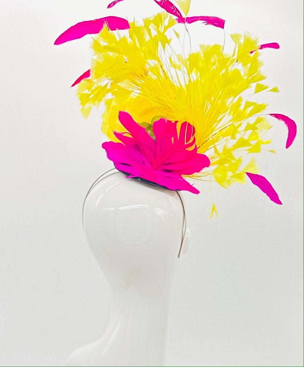 Yellow and pink Kentucky Derby Fascinator, Derby Hat (GOLD LINE)