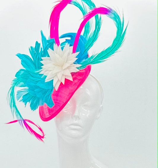 Turquoise aqua blue and hot pink Kentucky Derby Fascinator, (GOLD LINE)