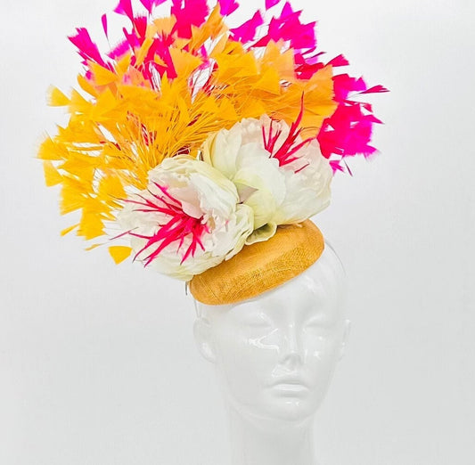 Gold yellow, pink, and white Kentucky Derby Fascinator (GOLD LINE)