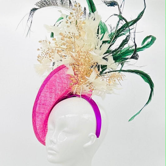 Gold, green, fuchsia, white colored Kentucky Derby Fascinator (GOLD LINE)