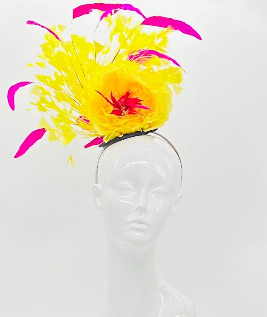 Yellow and pink Kentucky Derby Fascinator, Derby Hat (GOLD LINE)