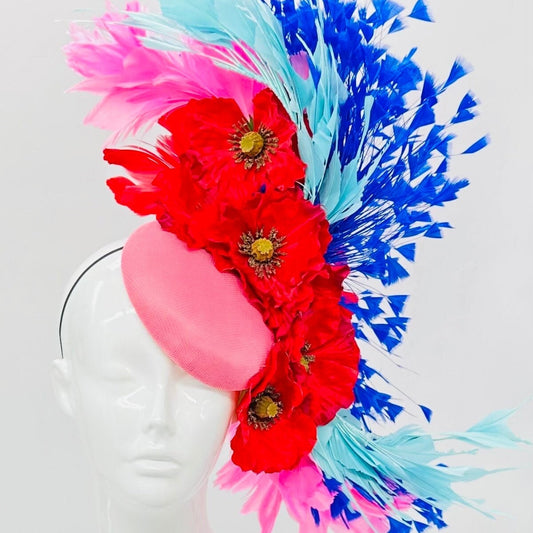 Red, light pink, royal blue blue, and aqua blue Derby Fascinator, Kentucky Derby Hat Alternative, Kentucky derby hat (PLATINUM LINE)