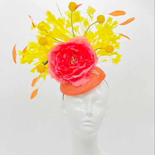 Yellow, orange and pink Kentucky Derby Fascinator, Derby hat (GOLD LINE)